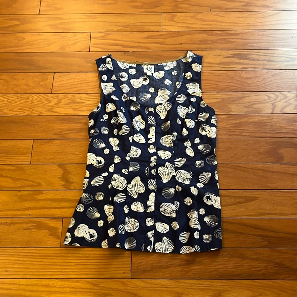 Edme & Esyllte Top Womens 2 Blue Cream Sea Shell Beach Sleeveless Waist Tie
